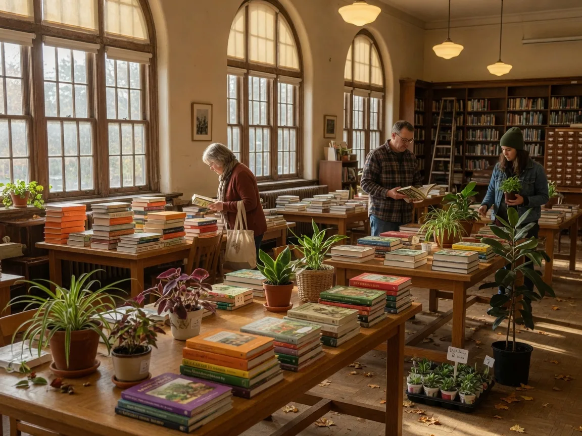 Tables of used books and small potted plants inside the Abington Free Library during the fall book and plant sale, warm library lighting and natural window light