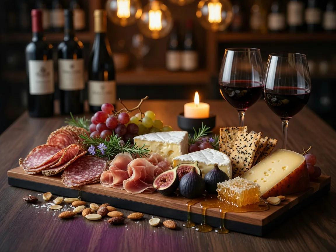 A generous charcuterie and cheese board with aged salami, prosciutto, brie, figs, honeycomb, and crostini beside red wine at Cork It Braselton
