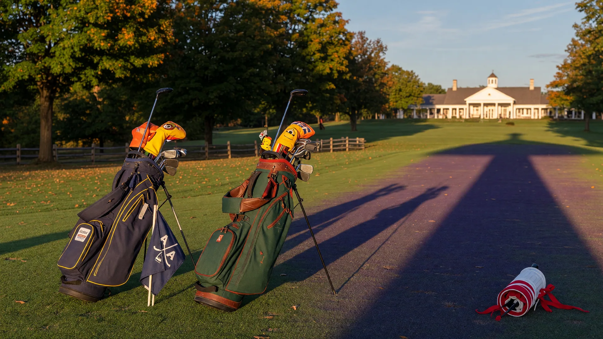 Two junior-sized golf bags side by side on a sunlit first tee with a team flag at golden hour