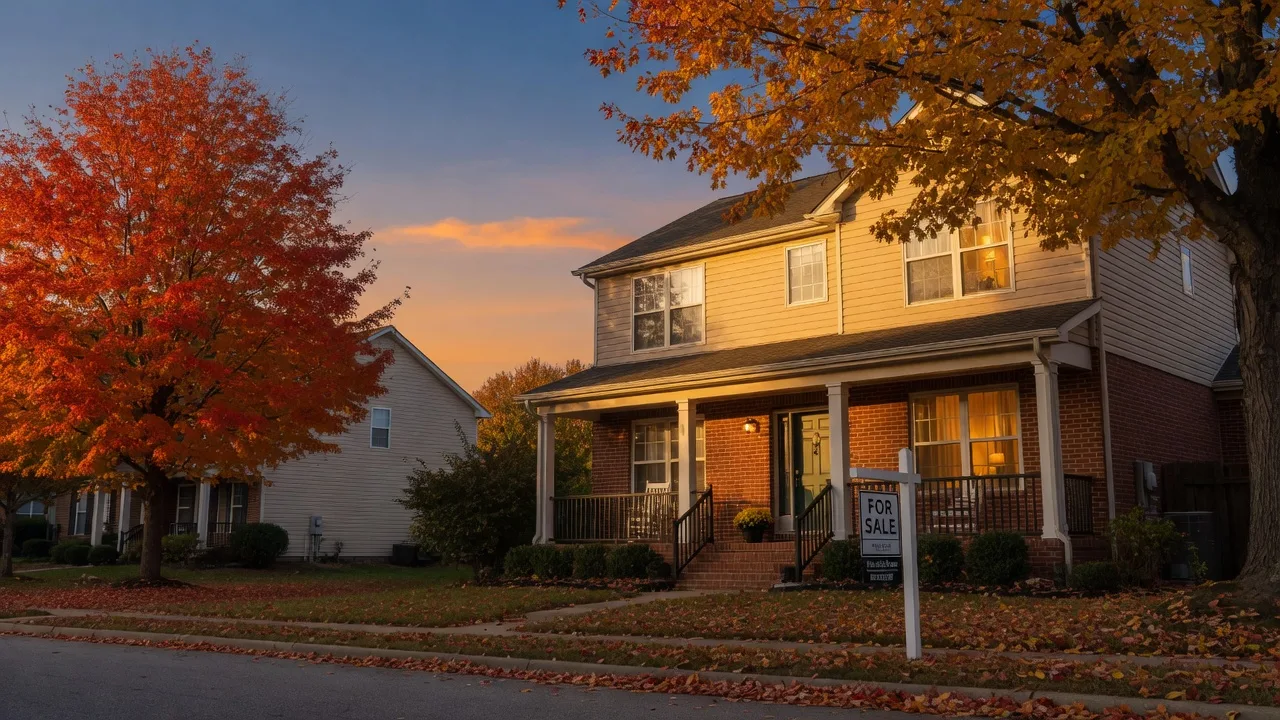 Two-story brick-and-siding Triangle-area home at golden hour in late October with autumn oaks and maples in full color and a for-sale sign in the yard, the fall 2026 zero-commission questions Triangle sellers are asking