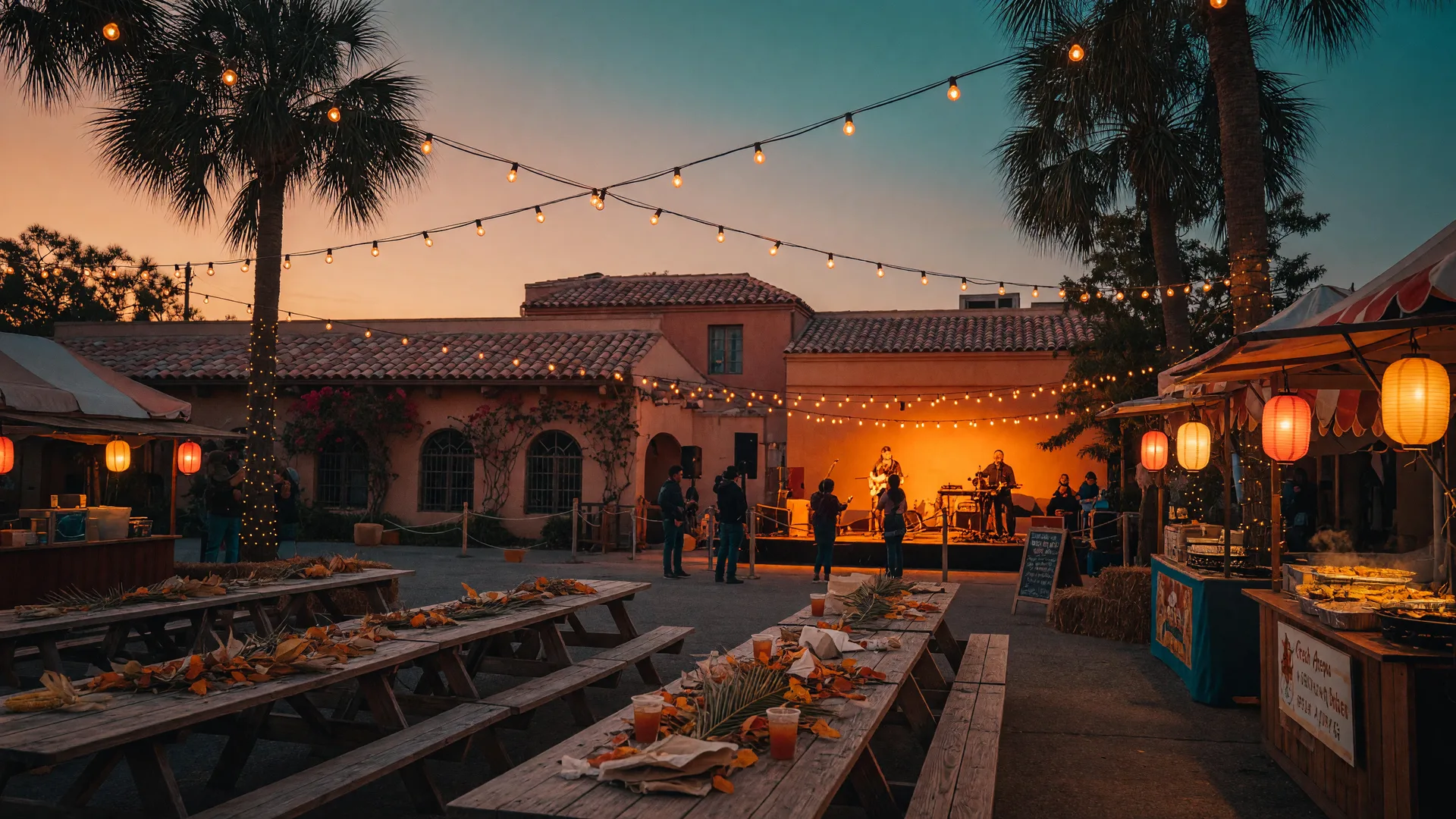 An outdoor autumn festival in Southwest Florida at dusk with string lights between palm trees, long picnic tables, and a glowing band stage in the distance