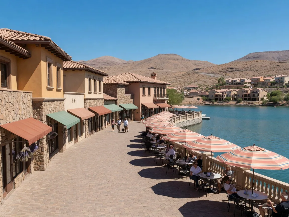 MonteLago Village at Lake Las Vegas: a cobblestone waterfront promenade with Tuscan-style buildings, cafes and the lake beyond