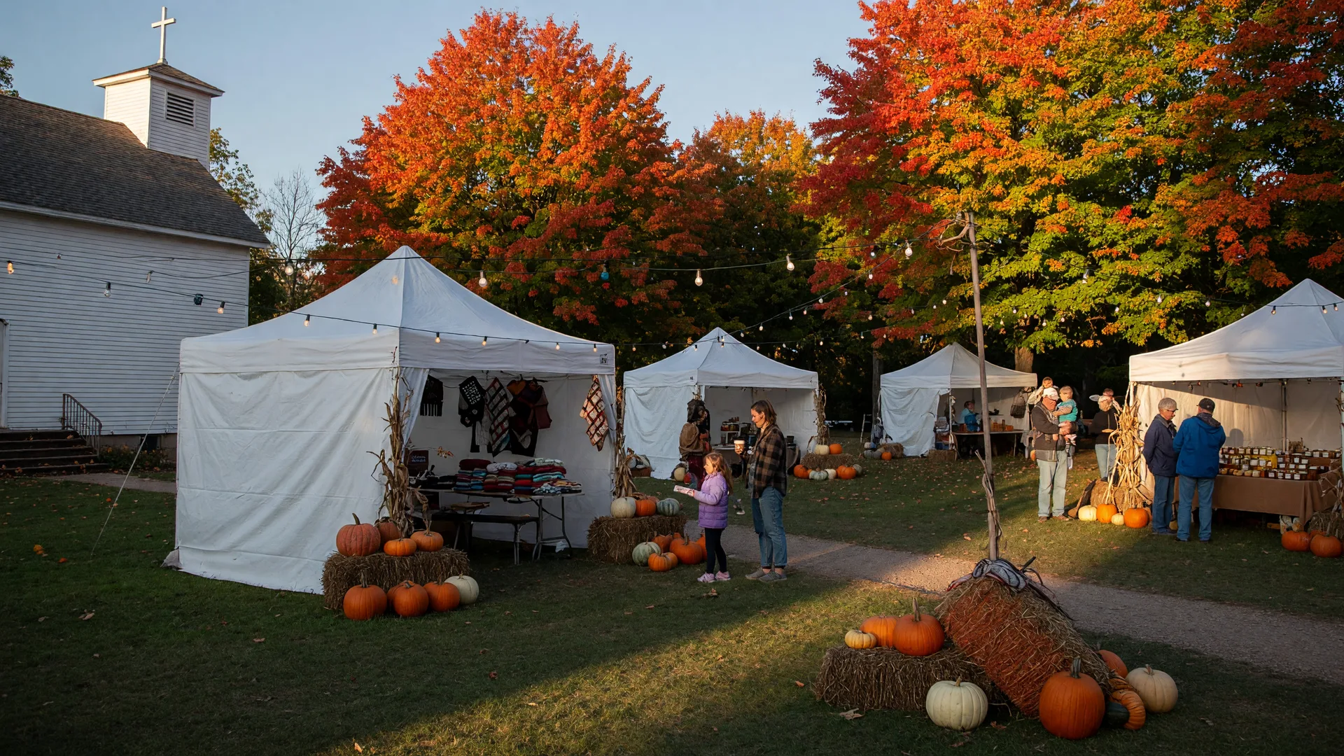 A small-town autumn festival in northern Minnesota with white craft-fair tents on a church lawn, pumpkins, and string lights between turning maples