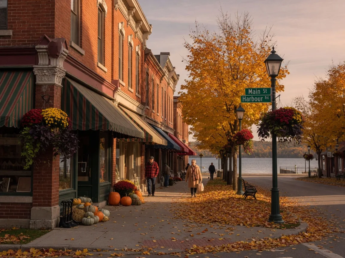 A small-town Ontario main street with brick storefronts, pumpkins and golden maples in autumn, evocative of Port Perry's Queen Street