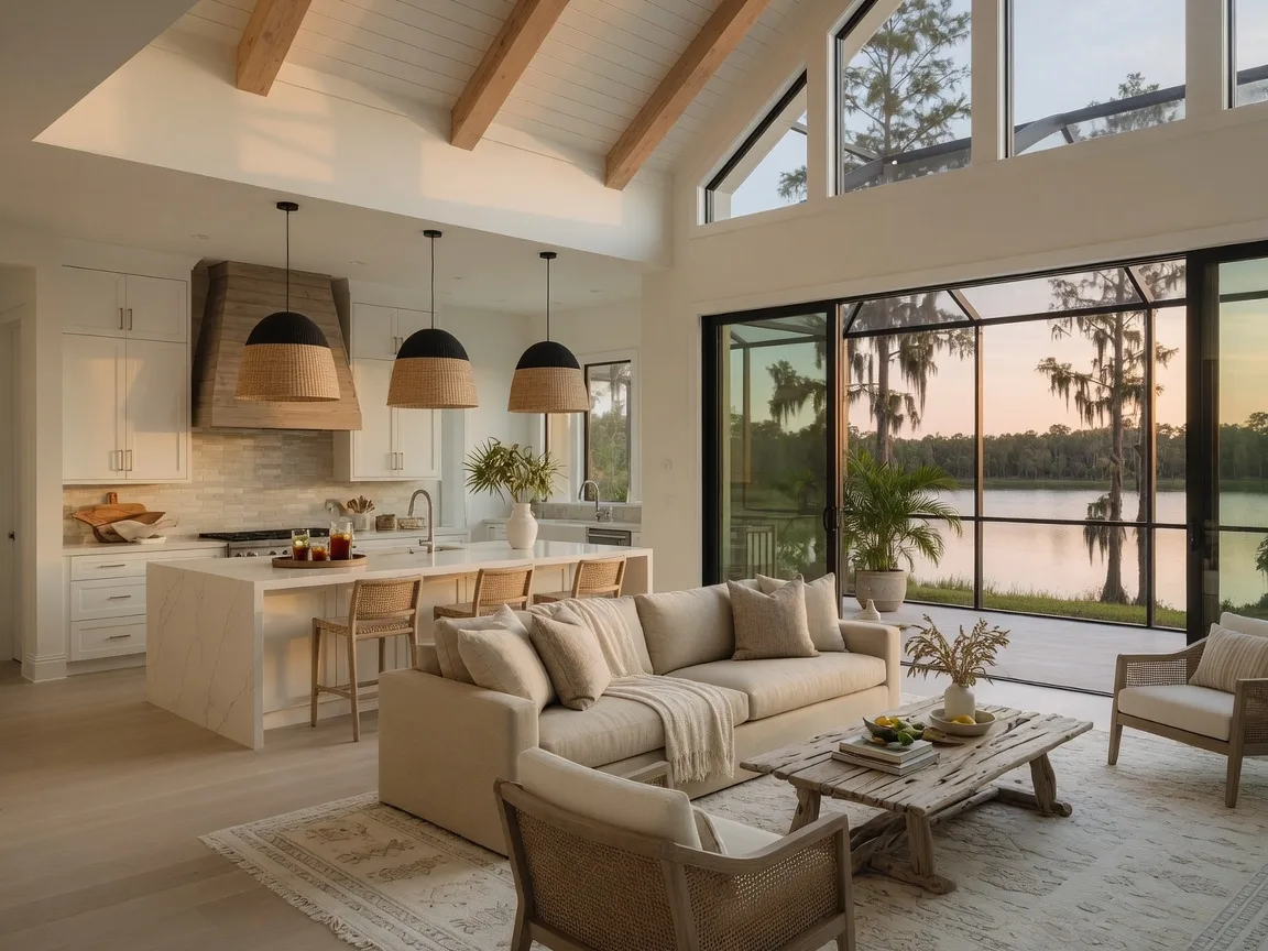 An open Lakewood Ranch family-home great room with soaring ceilings, a quartz kitchen island under pendant lights, and glass doors opening to a screened lanai with a lake view