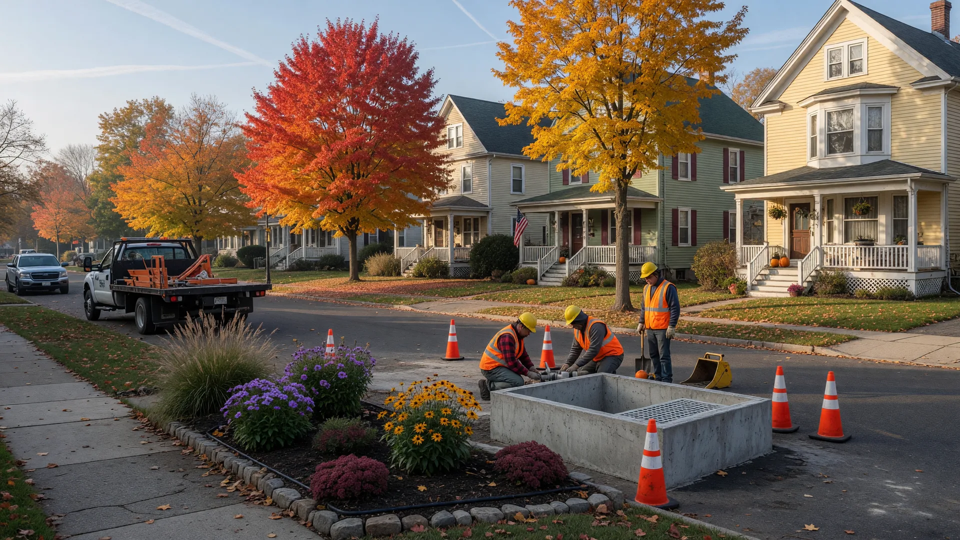 A municipal storm-drain construction crew works beside the curb on a Bloomfield residential street with orange cones, a new catch basin, and a landscaped rain garden, with porched homes and autumn maples behind