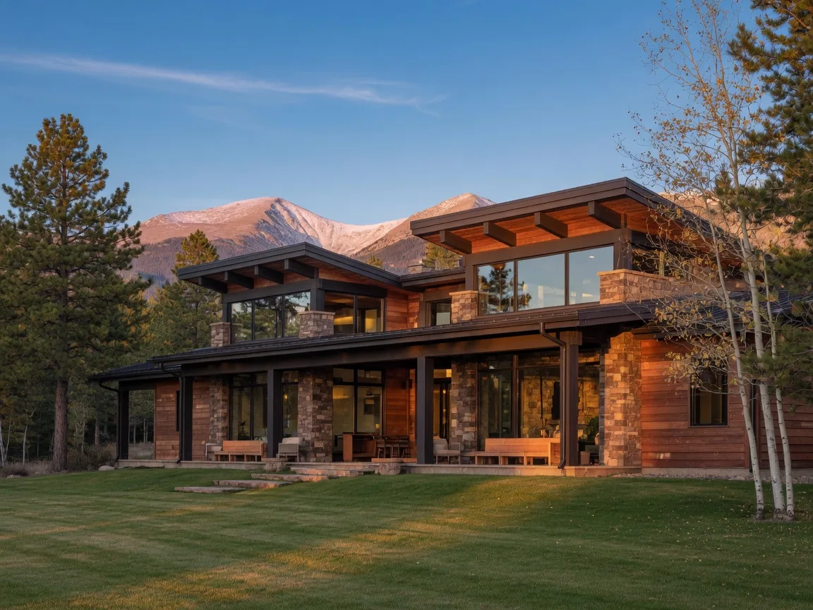 An upscale mountain-lodge home in Colorado with cedar, stone, and floor-to-ceiling glass at golden hour beneath the peaks