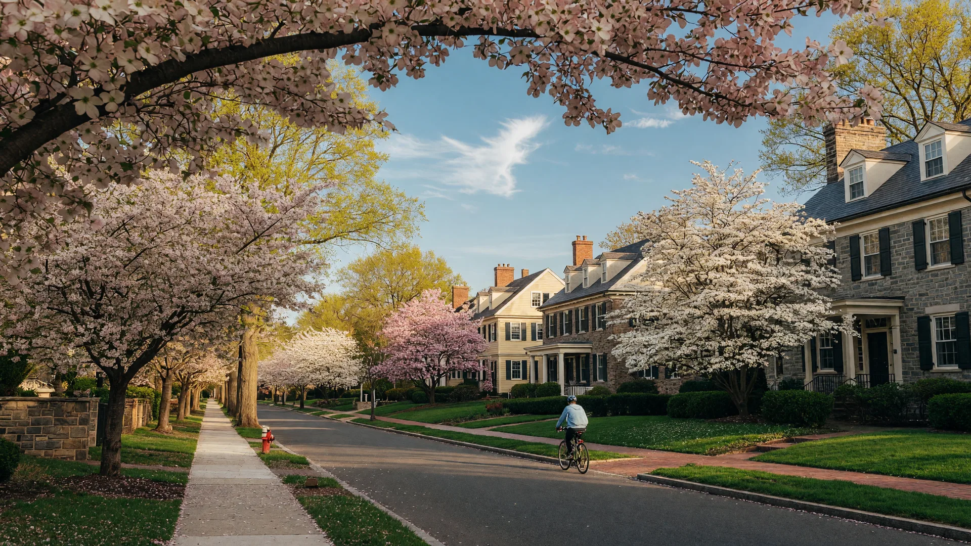 Tree-lined residential street in the Philadelphia Main Line suburbs in spring