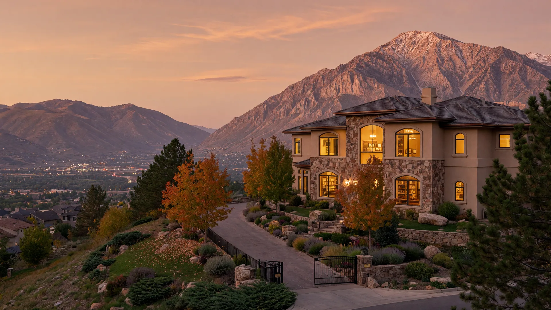 Luxury estate home on the tree-lined east bench above Holladay and Millcreek, Utah, with Mount Olympus rising at golden hour