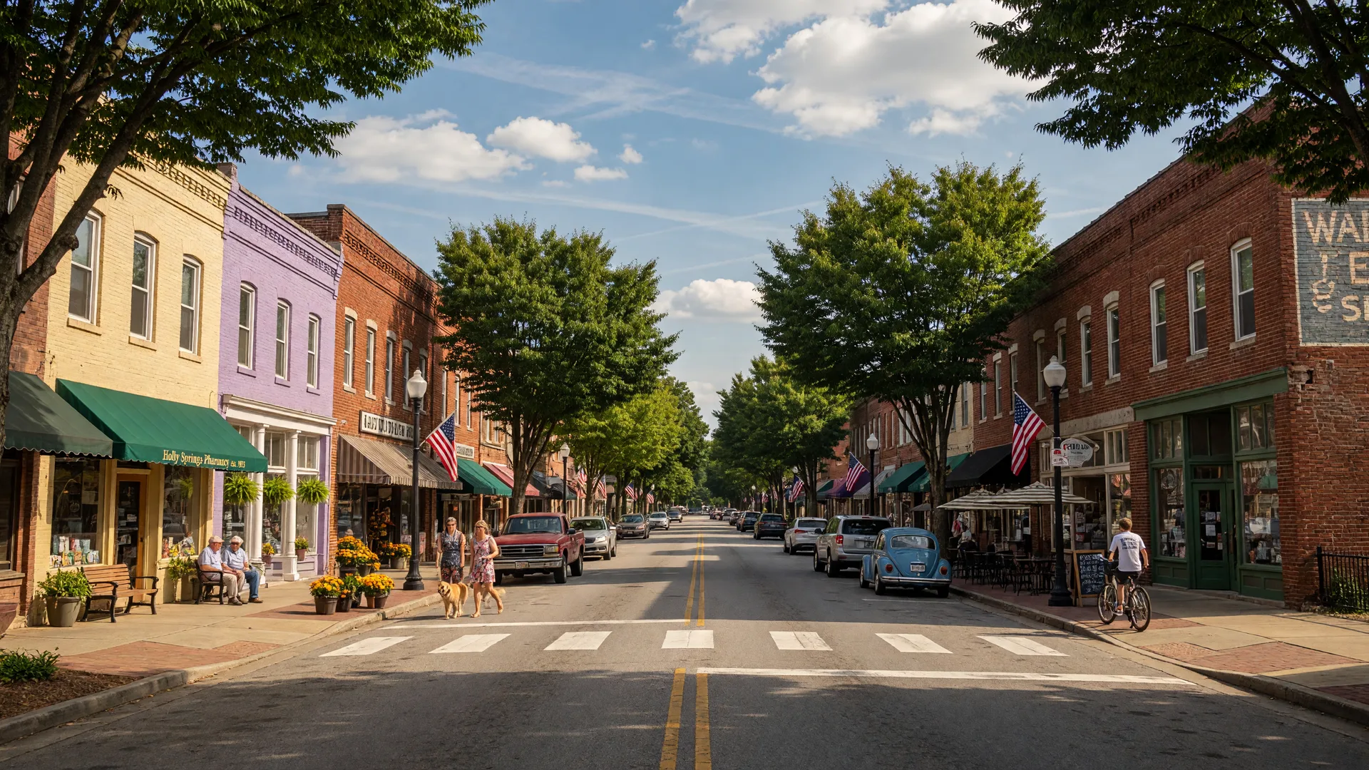 Historic downtown Holly Springs, North Carolina with brick storefronts along Main Street on a sunny afternoon