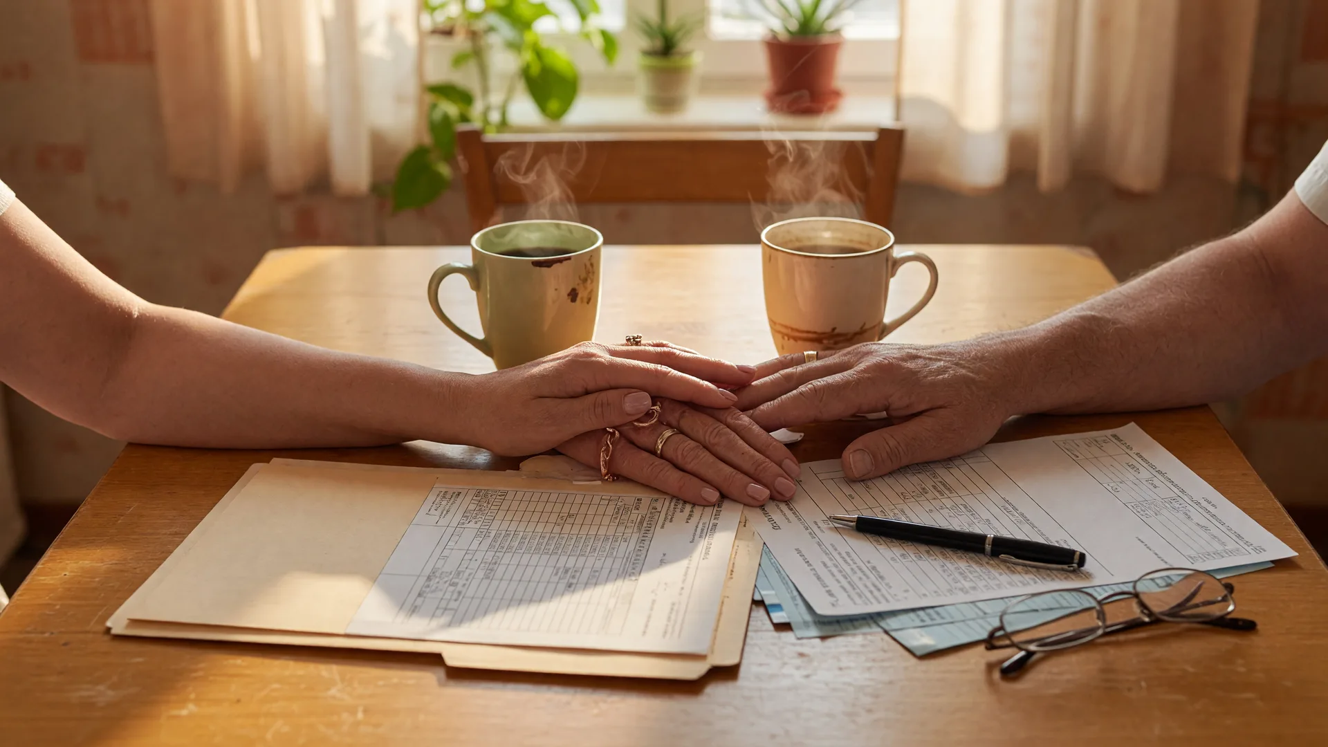 Adult children and their parents reviewing financial documents together at a sunlit kitchen table