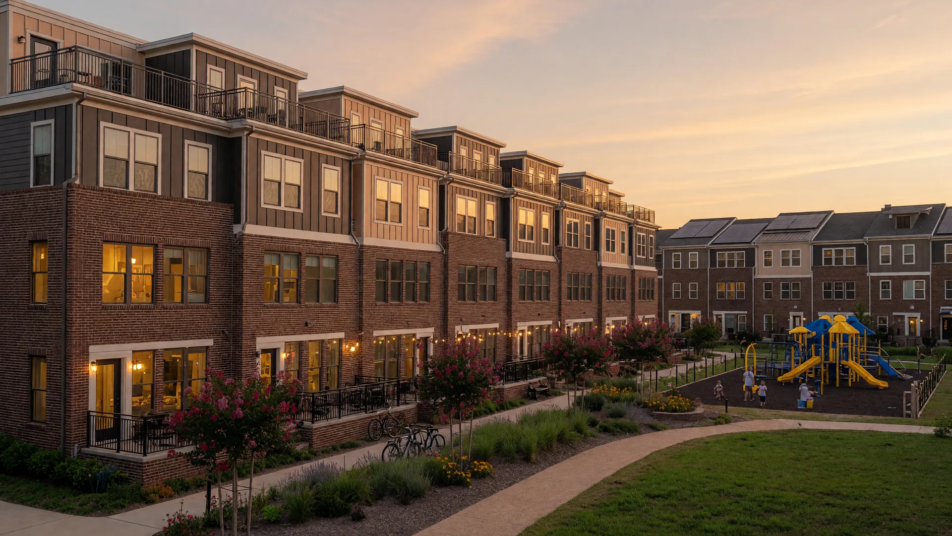 Modern townhomes in Market Commons, Frederick at golden hour with warm window light