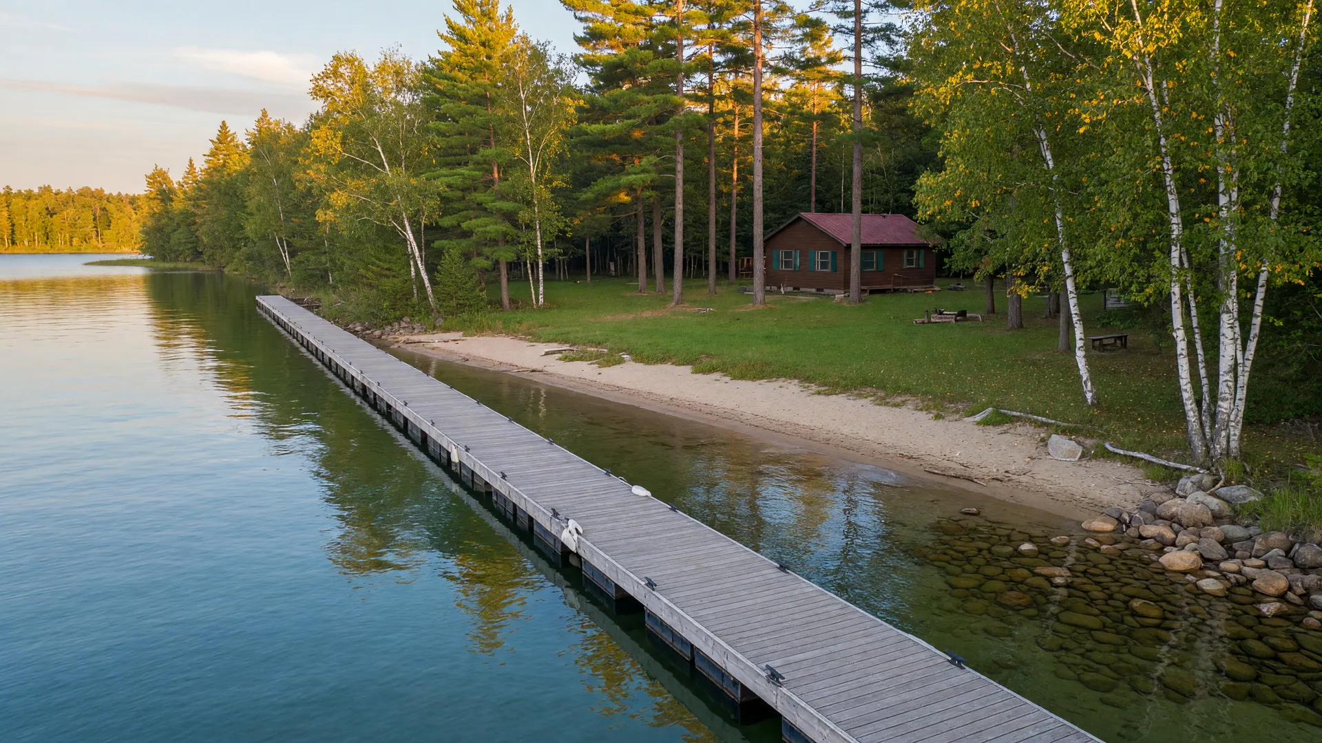 Minnesota lakefront lot with a long wooden dock and sandy beach shoreline in early autumn