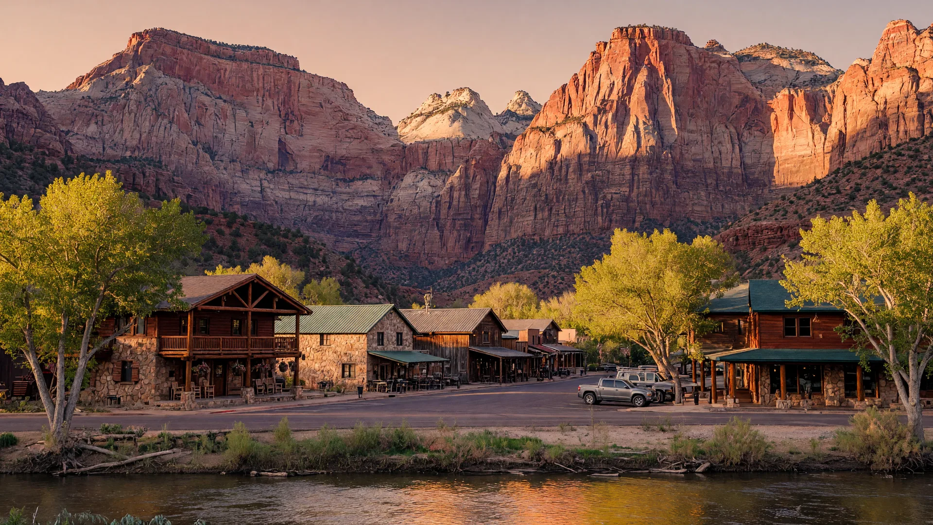 AI-rendered concept image of Springdale's lodge-style main street beneath the towering striped cliffs of Zion Canyon