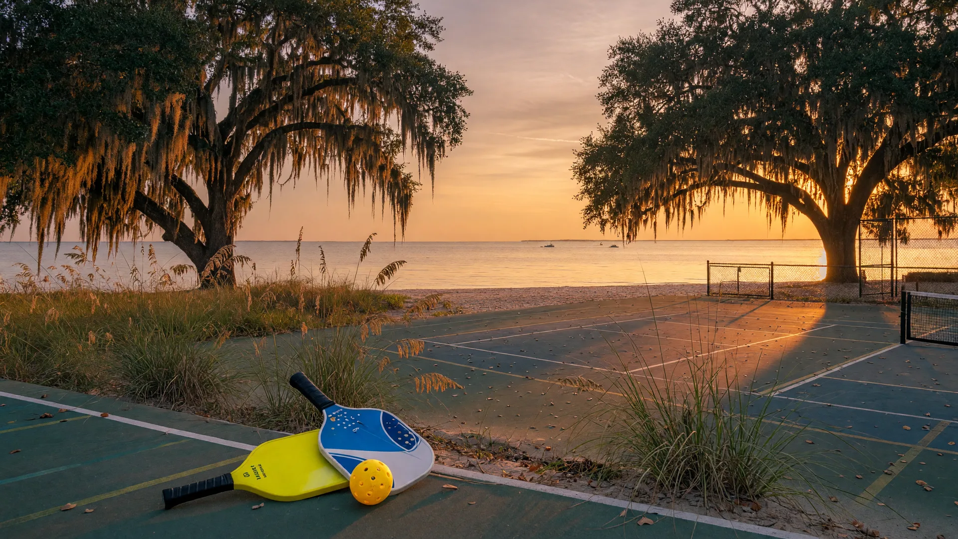 A pickleball court at golden hour on the Mississippi Gulf Coast, with live oaks draped in Spanish moss framing the scene and the Sound glowing gold behind the dunes