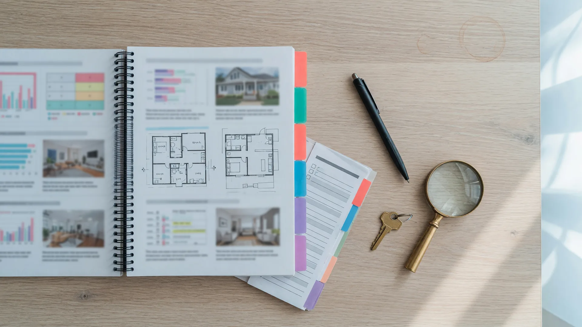A spiral-bound first-time homebuyer guidebook on a desk with a pen, brass house key, magnifying glass, and checklist