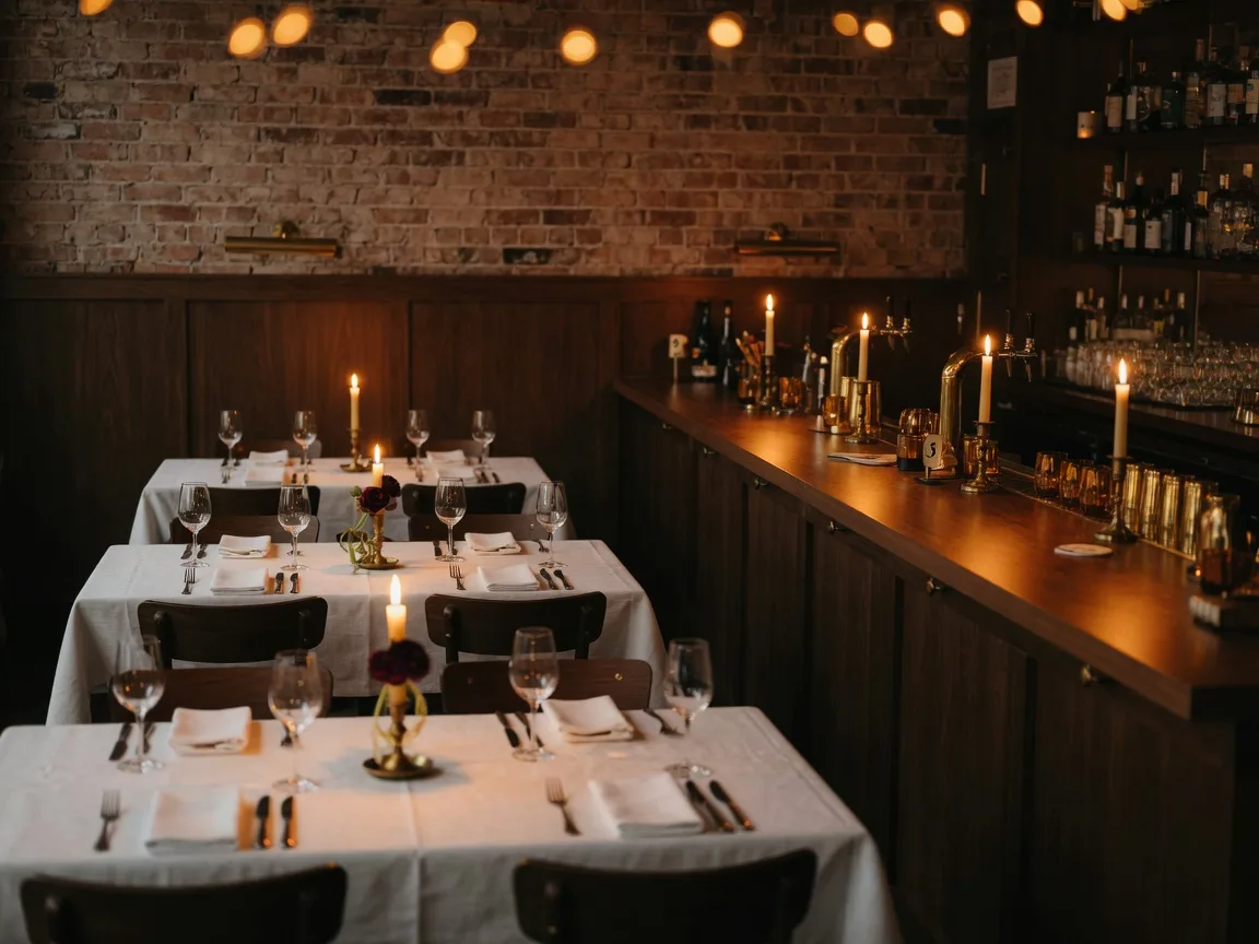 Intimate supper club dining room with exposed brick, a walnut bar, and candlelit tables