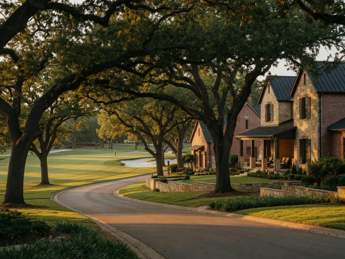 A quiet street of custom stone-and-brick homes under mature live oaks with a golf fairway visible behind the backyards in Mill Creek
