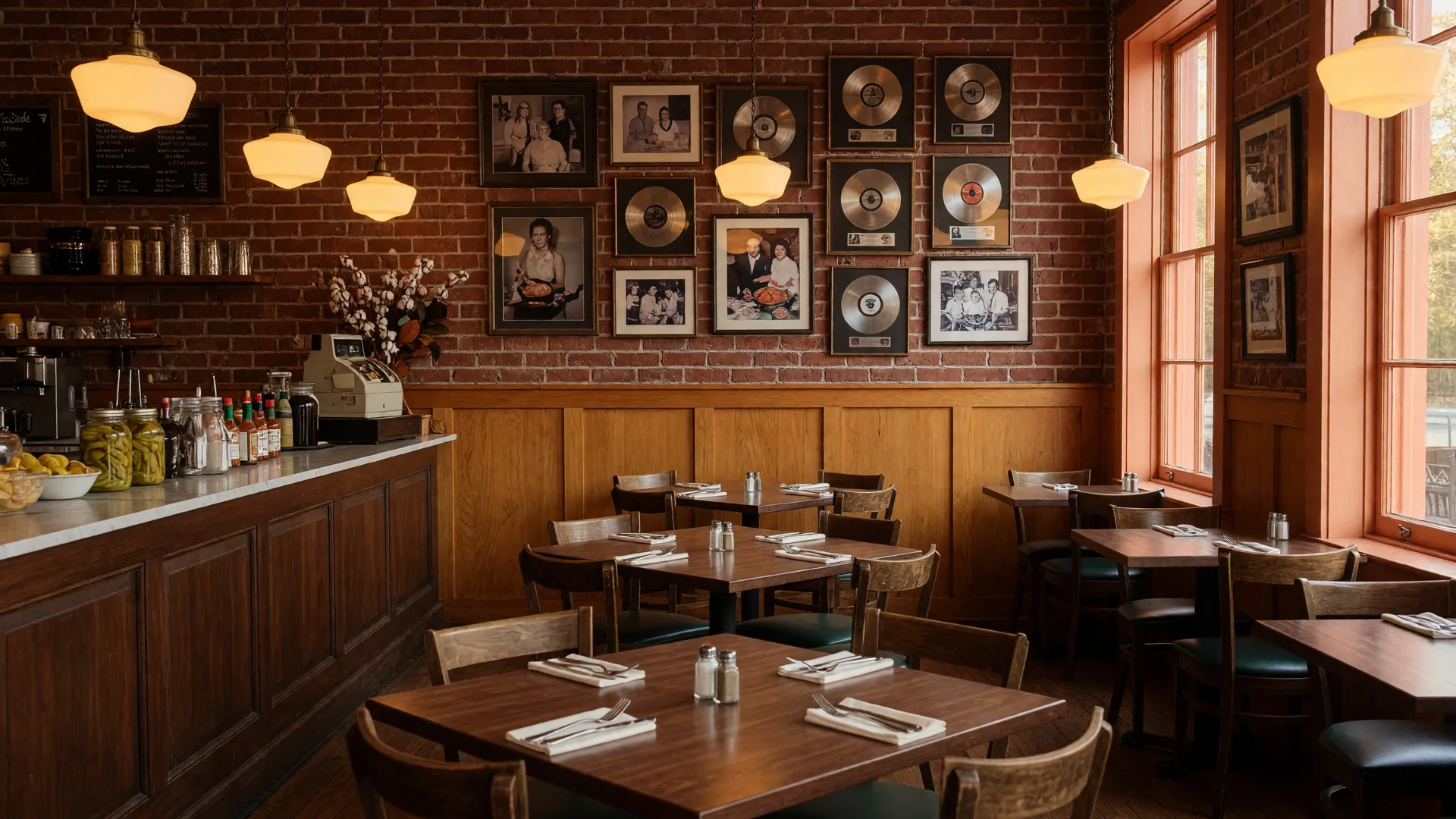 The warm dining room of Cuzinz The Southern Soul Bistro in Buford Georgia, exposed brick, warm pendant lights over dark wooden tables, vintage family photos and soul records on the walls