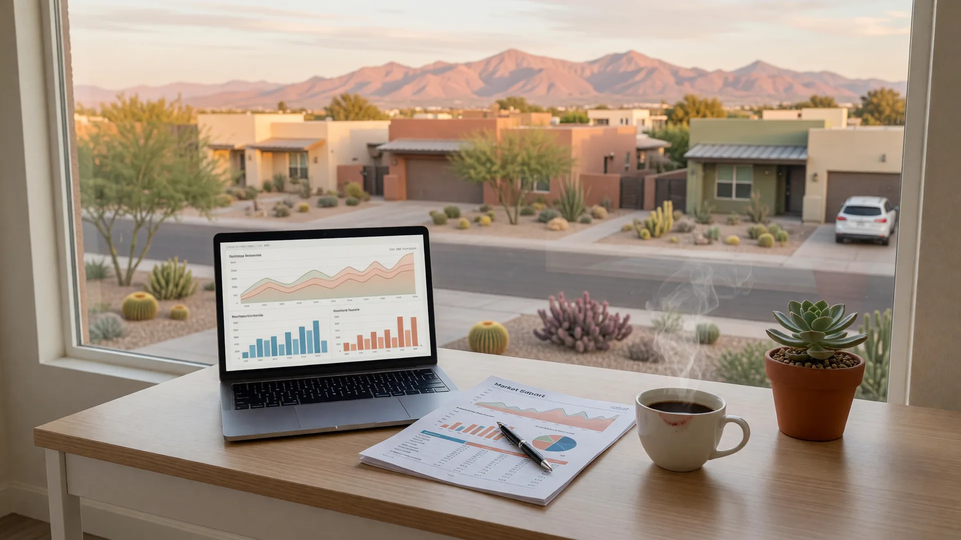 Bright modern desk in a Gilbert Arizona home with a laptop showing a real estate market dashboard, a printed market report with a pen, a cup of coffee, and a quiet Southwestern neighborhood visible through the window