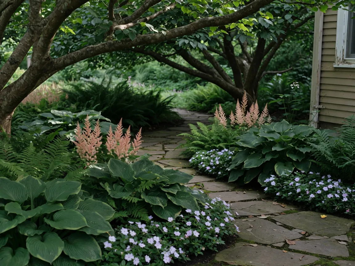 A cool, shaded garden bed of hostas and ferns beneath mature trees