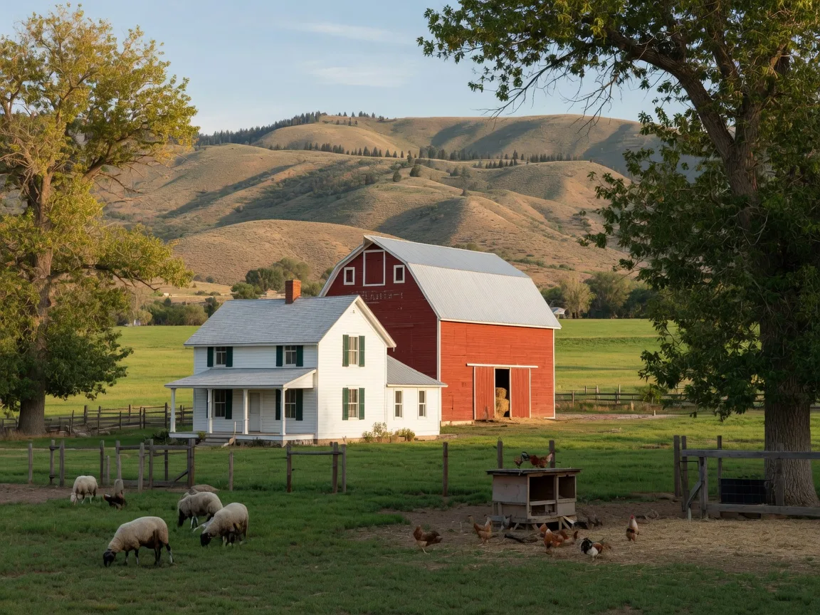 Wheeler Historic Farm in Murray Utah with the restored white 1890s farmhouse, red barn, and sheep grazing in the foreground against the Wasatch foothills