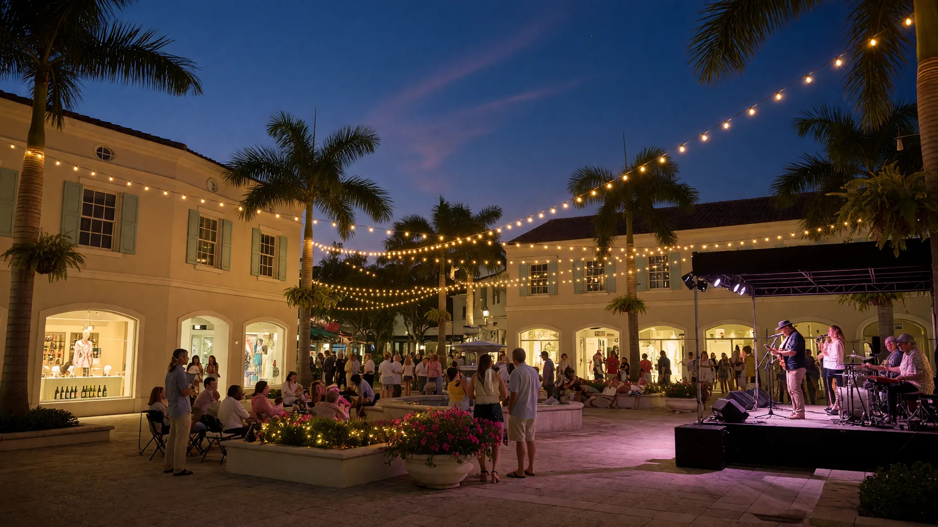 Free outdoor concert in the open-air piazza at Mercato in North Naples with string lights and palm trees at dusk