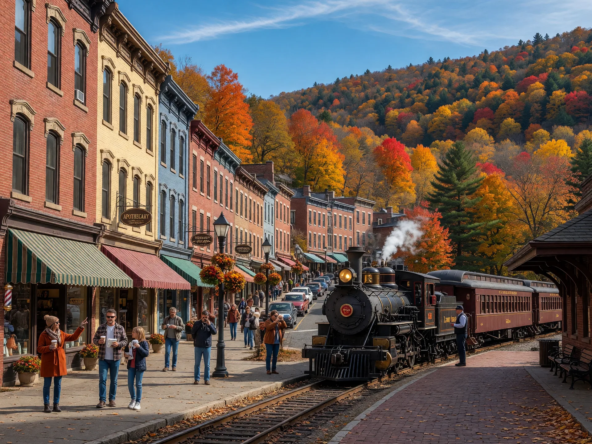 A heritage steam train at the station in downtown Jim Thorpe, Pennsylvania, with Victorian storefronts and mountain slopes in peak fall color