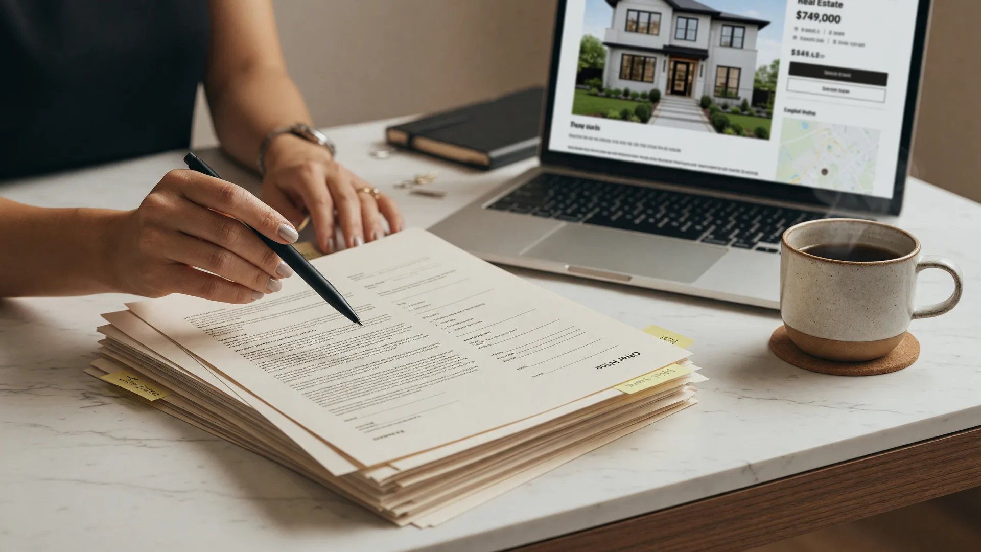 Buyer's hand with a pen over a real estate purchase offer document on a desk
