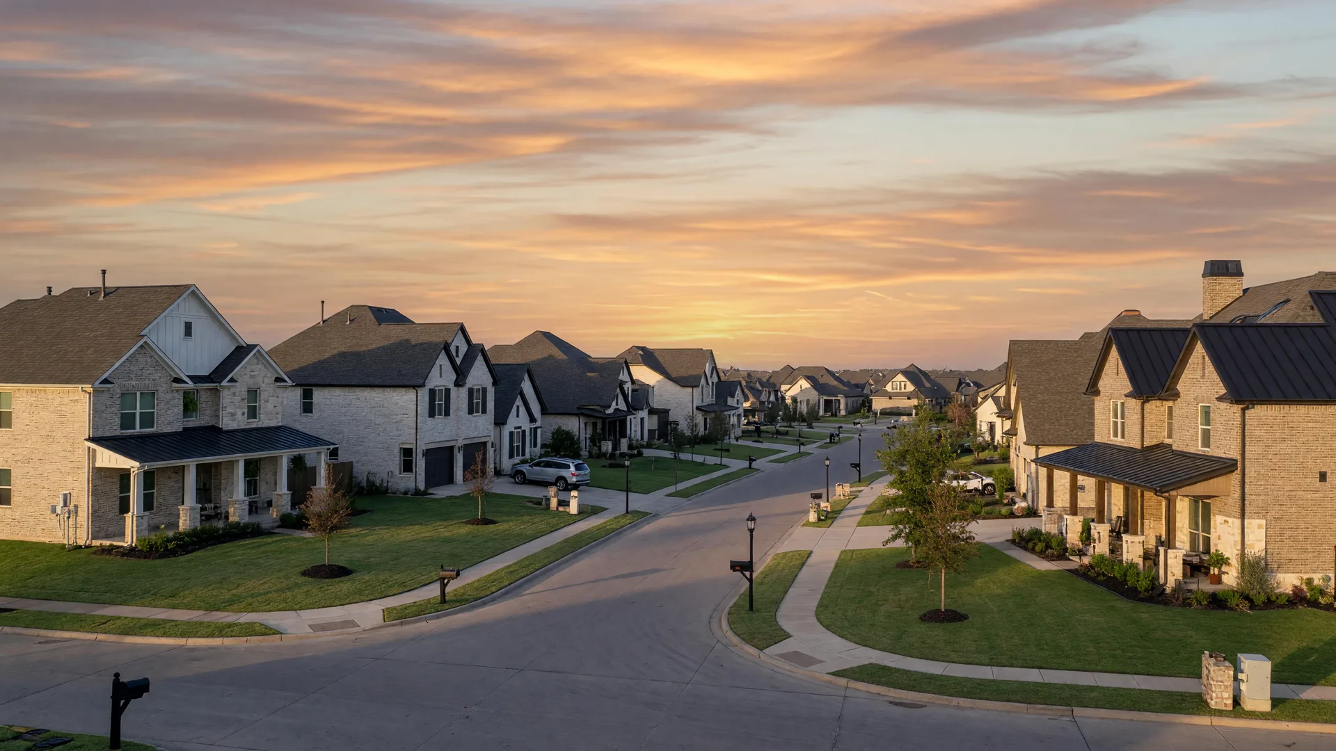Modern North Texas suburban neighborhood at golden hour