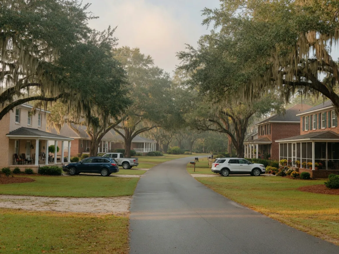 A quiet coastal Georgia street of Lowcountry homes under moss-draped live oaks on a hazy mid-October morning