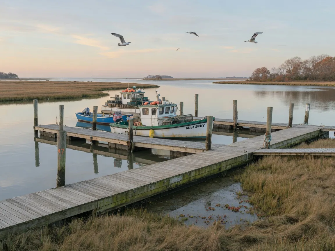 A working bayfront marina in South Jersey in late October, with weathered wooden docks, fishing boats, and calm back-bay water, representative of the maritime side of Atlantic City life around Gardner's Basin and the Marina District