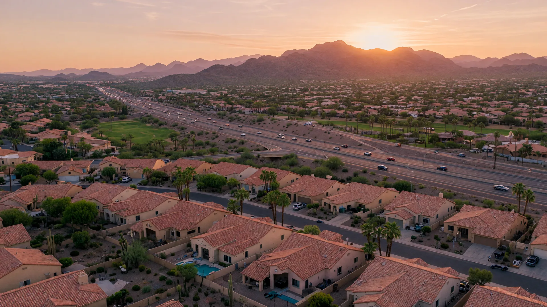 Golden hour aerial view of Avondale, Arizona, with master-planned neighborhoods and the Sierra Estrella mountains