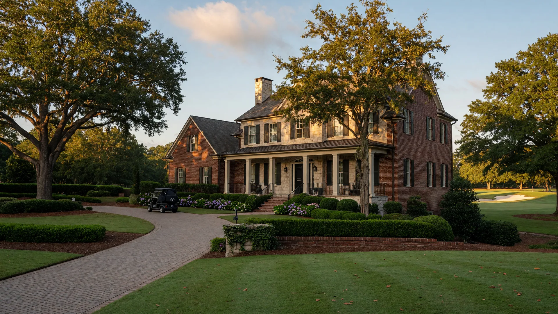 Upscale brick and stone luxury home in a manicured Georgia golf course community on a clear late-summer morning