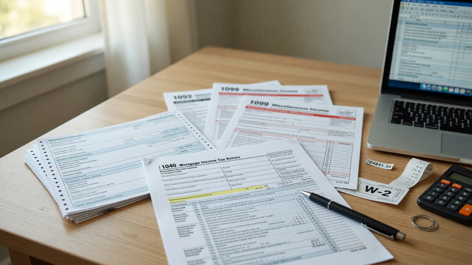 Pay stubs, W-2, and tax return pages spread beside a laptop on a mortgage application desk