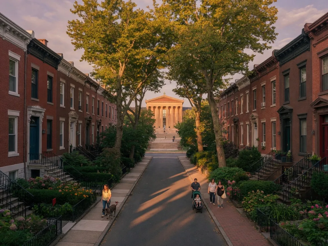 Tree-lined residential street with historic brick rowhomes in Fairmount Philadelphia