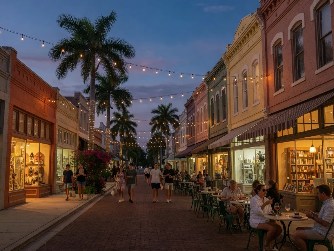 Evening scene in the downtown Fort Myers River District with historic brick storefronts, outdoor cafe tables, string lights, and palm trees