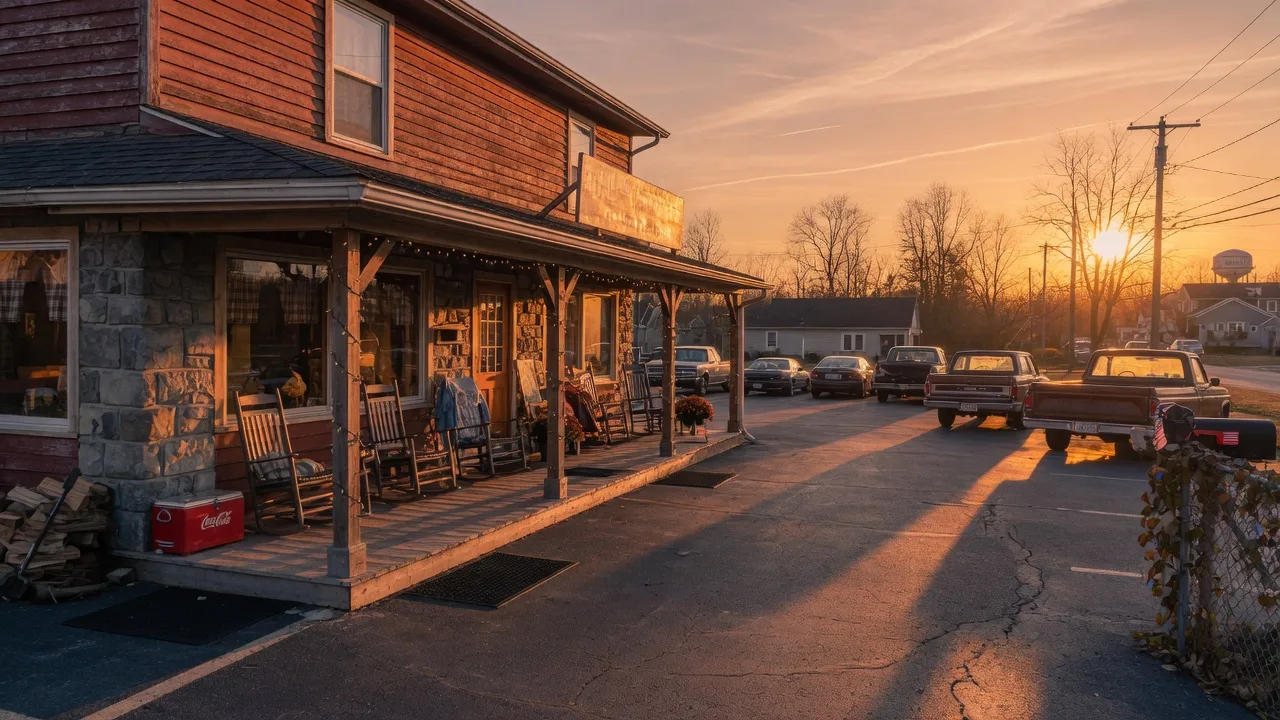 The inviting exterior of Rip Rap Roadhouse in Huber Heights Ohio at golden hour, with warm glowing windows, rustic wood and stone facade, and rocking chairs on the front porch