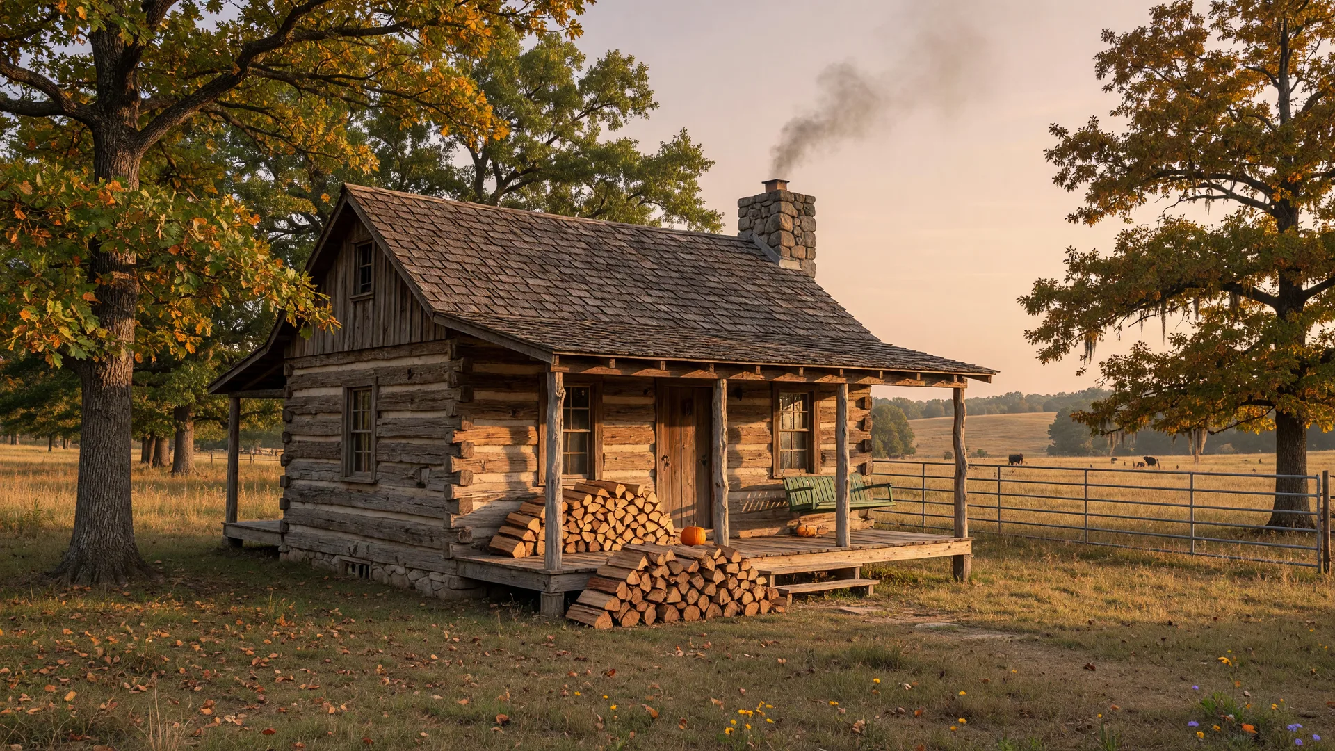 Early fall light on a log cabin with a wrap-around porch, a stacked woodpile, and a wisp of chimney smoke on Northeast Texas acreage