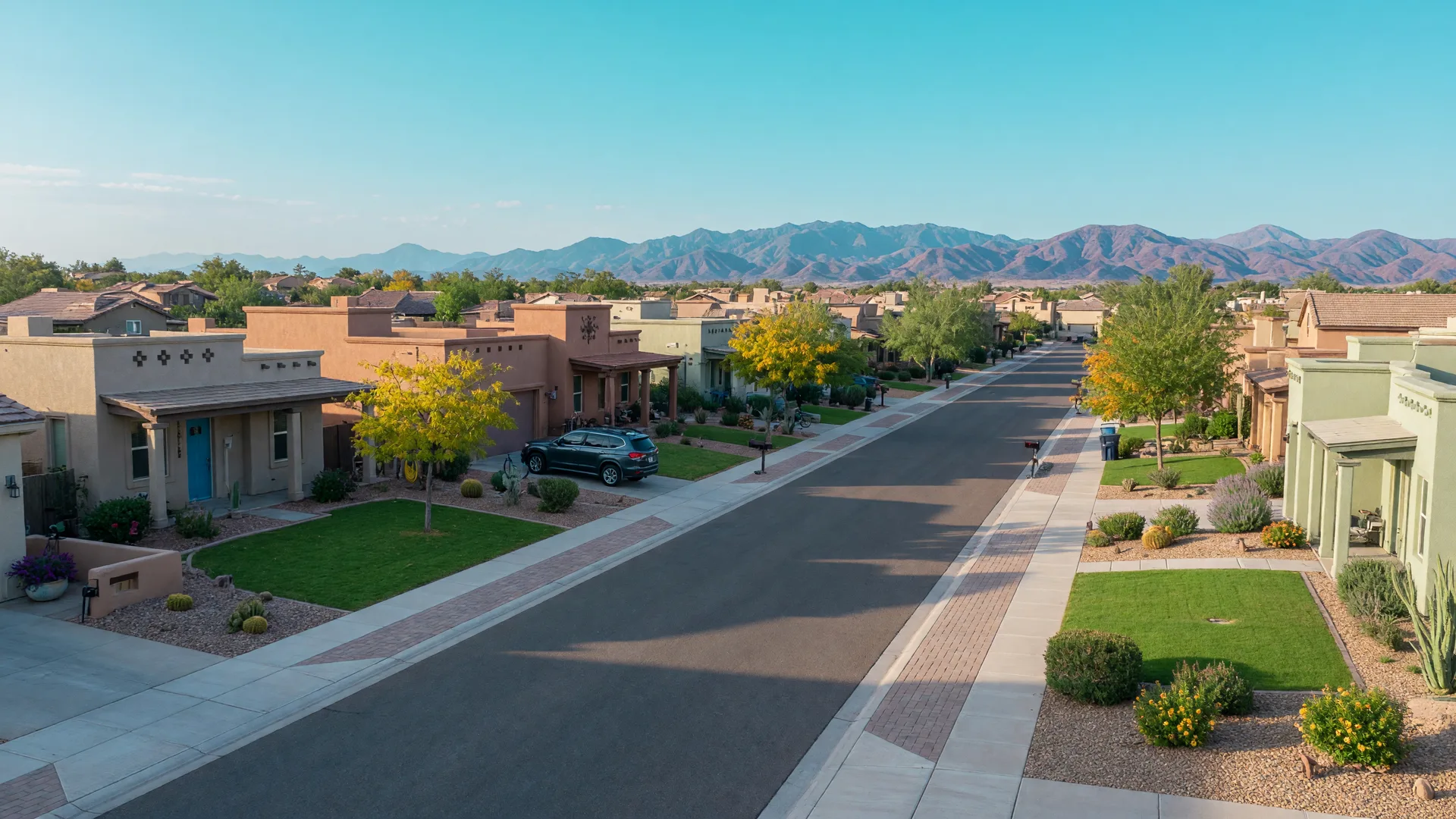 A quiet residential street in Gilbert, Arizona on a clear late September morning with modern Southwestern homes, desert landscaping, and the San Tan Mountains in the distance