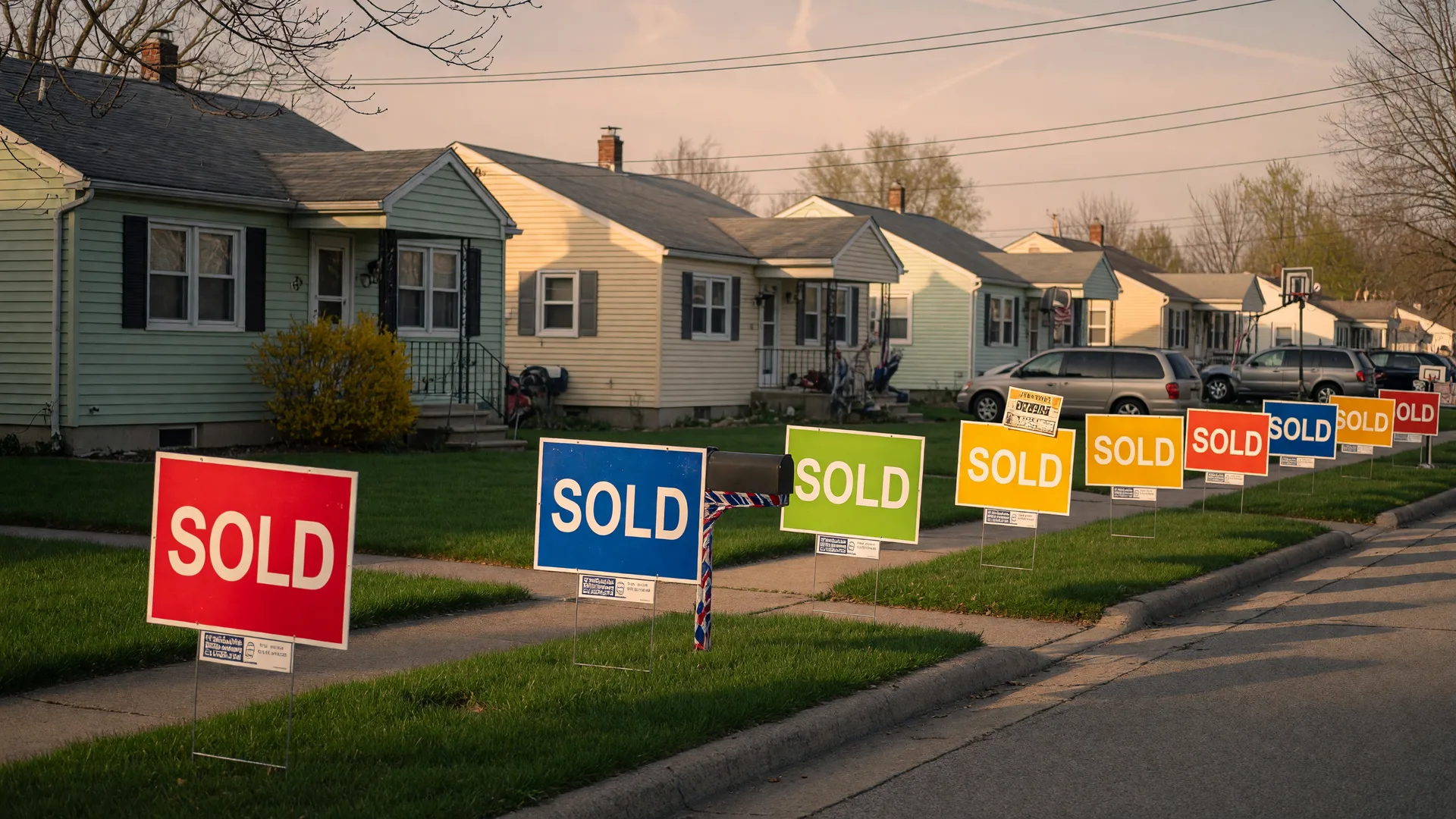 Multiple sold signs on a suburban Northeast Ohio street representing buyer competition