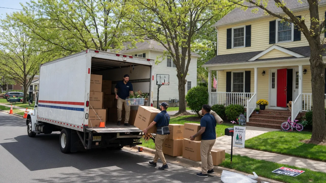 Moving truck in front of a welcoming suburban home in Medford NJ with movers carrying boxes inside on a bright sunny day
