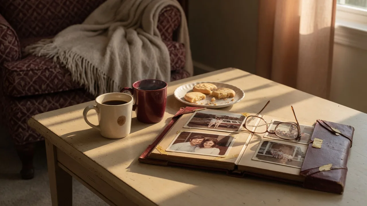 Two mugs of coffee and an open family photo album on a table, the setting for a quiet conversation about the family home