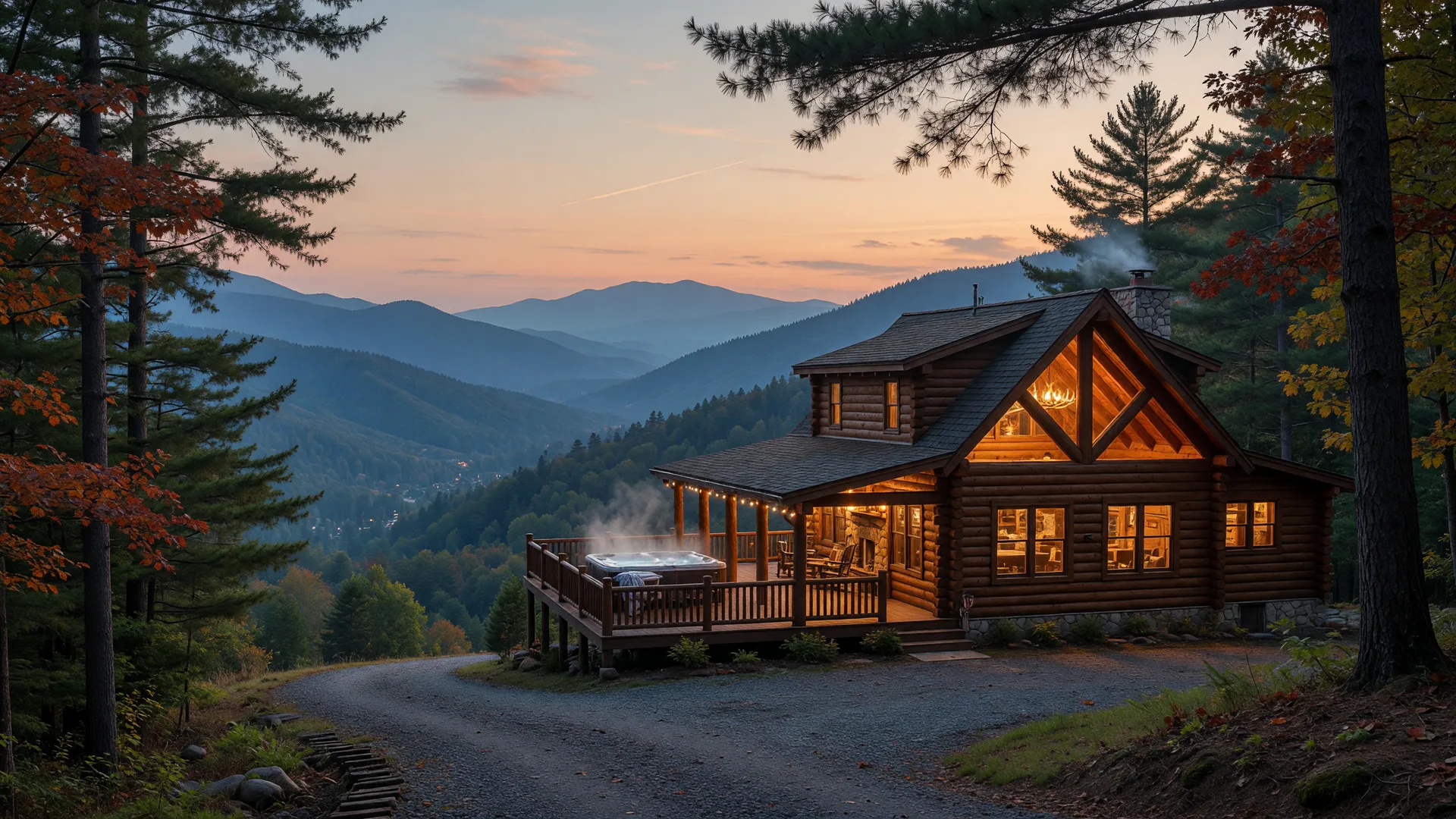 A luxury log cabin on a mountain ridge near Gatlinburg glowing warmly at dusk with a panoramic Smoky Mountain view