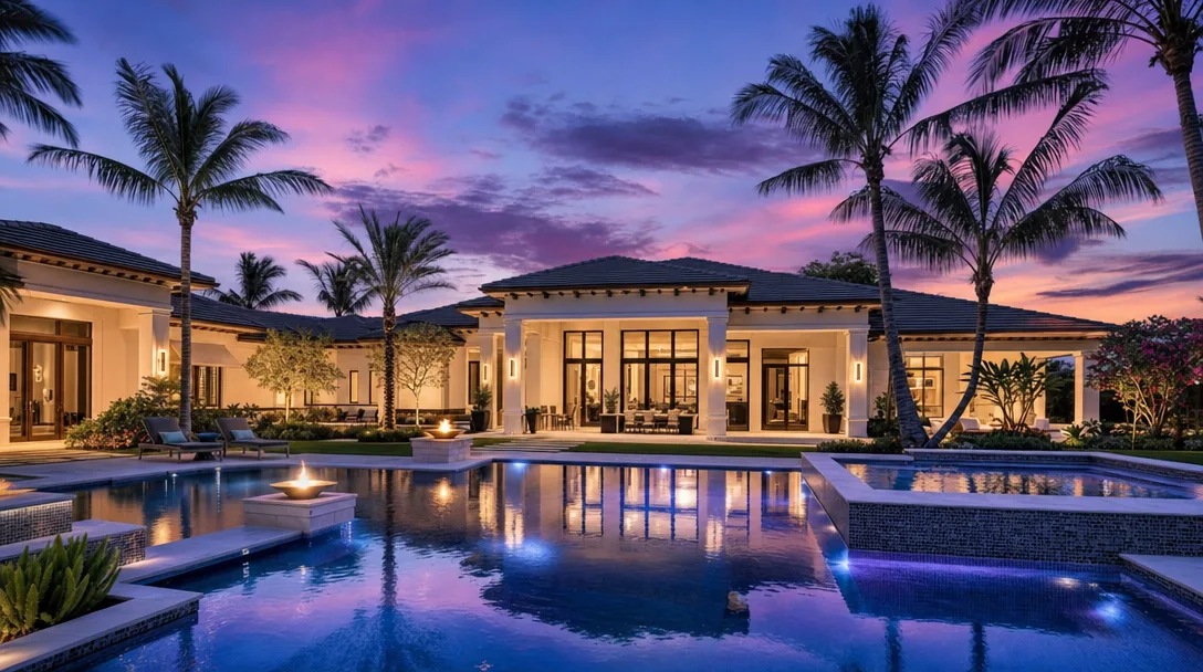 Seven Bridges luxury home at twilight