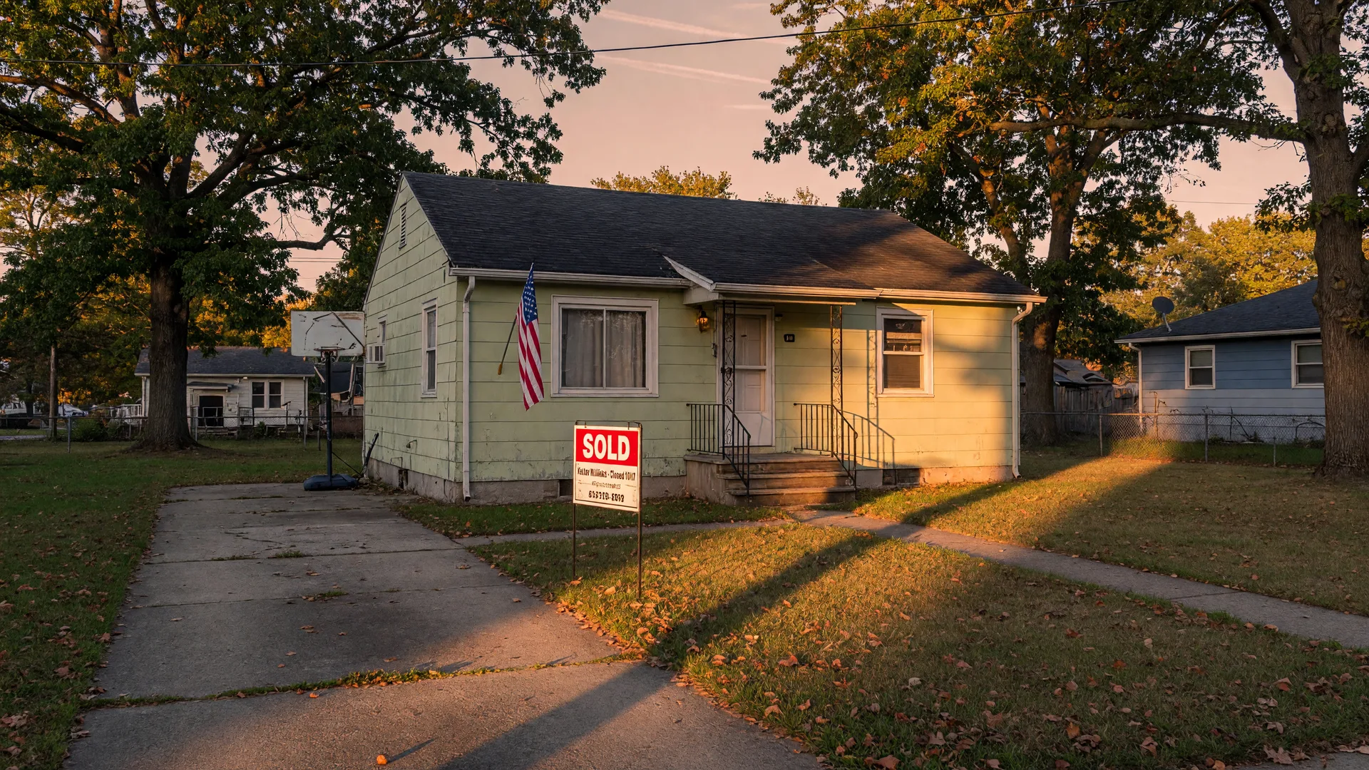 A modest mid-century home in Northeast Ohio at golden hour with a fresh SOLD sign near the front walk