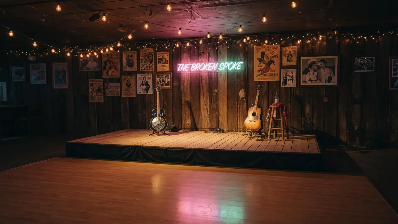 Small Texas dance hall stage with guitars on stands beneath crisscrossing Edison bulb string lights, warm golden honky-tonk atmosphere