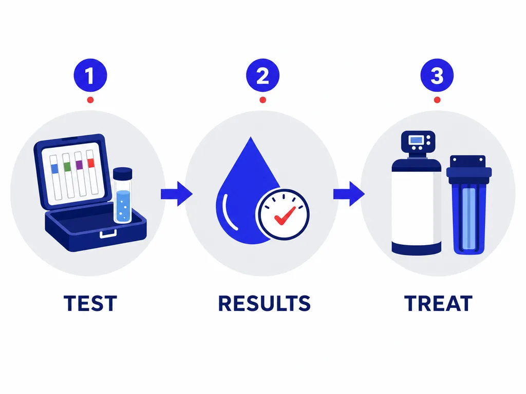Water quality testing flow infographic: test the water, read the results, then treat only what the test shows