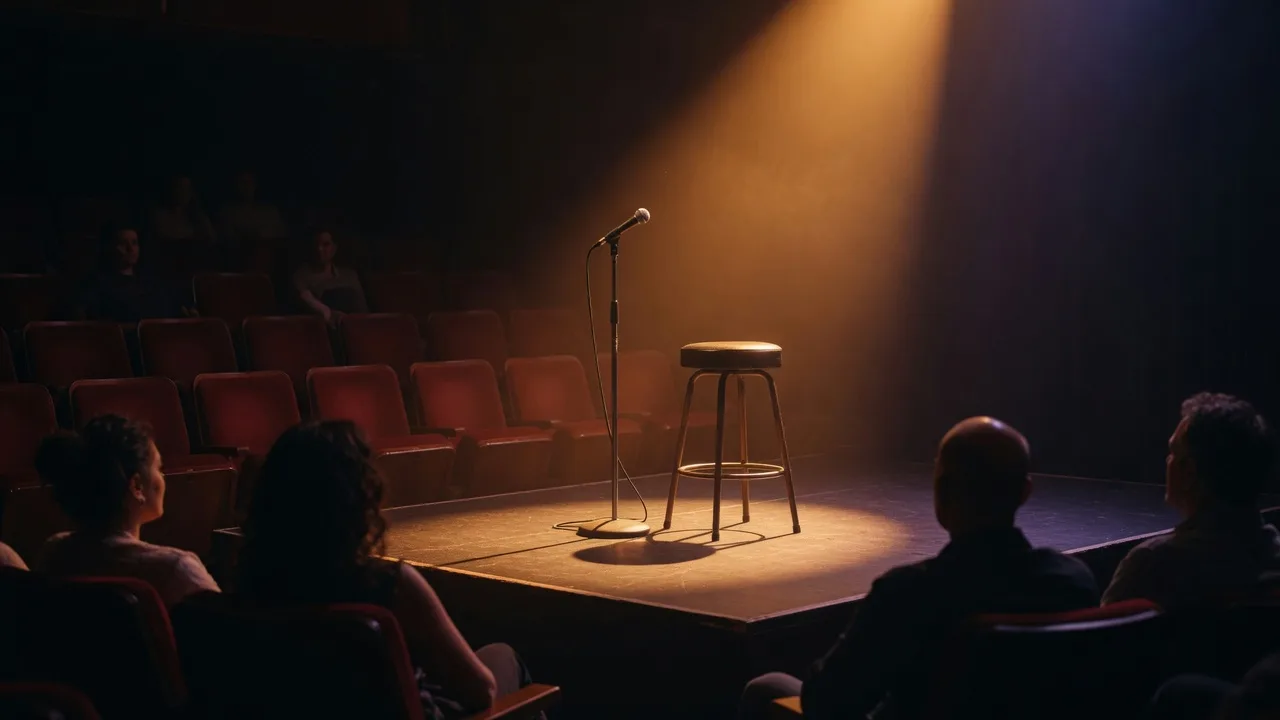 A stand-up comedy stage with a microphone on a stand and a bar stool under a single warm spotlight in an intimate theater