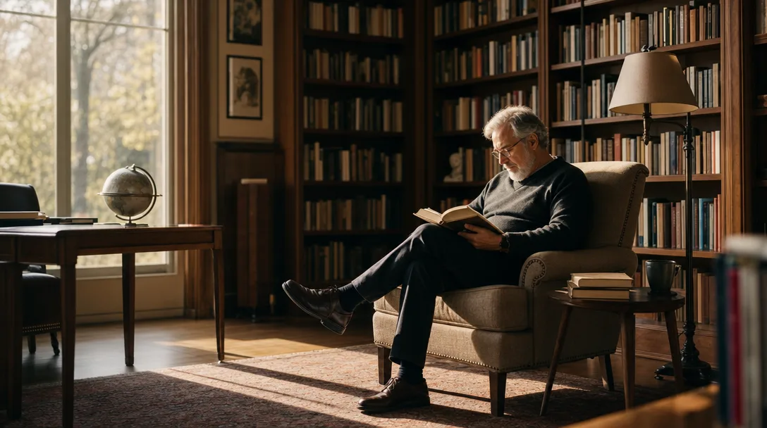 Peaceful library with a person reading in an armchair by tall sunlit windows